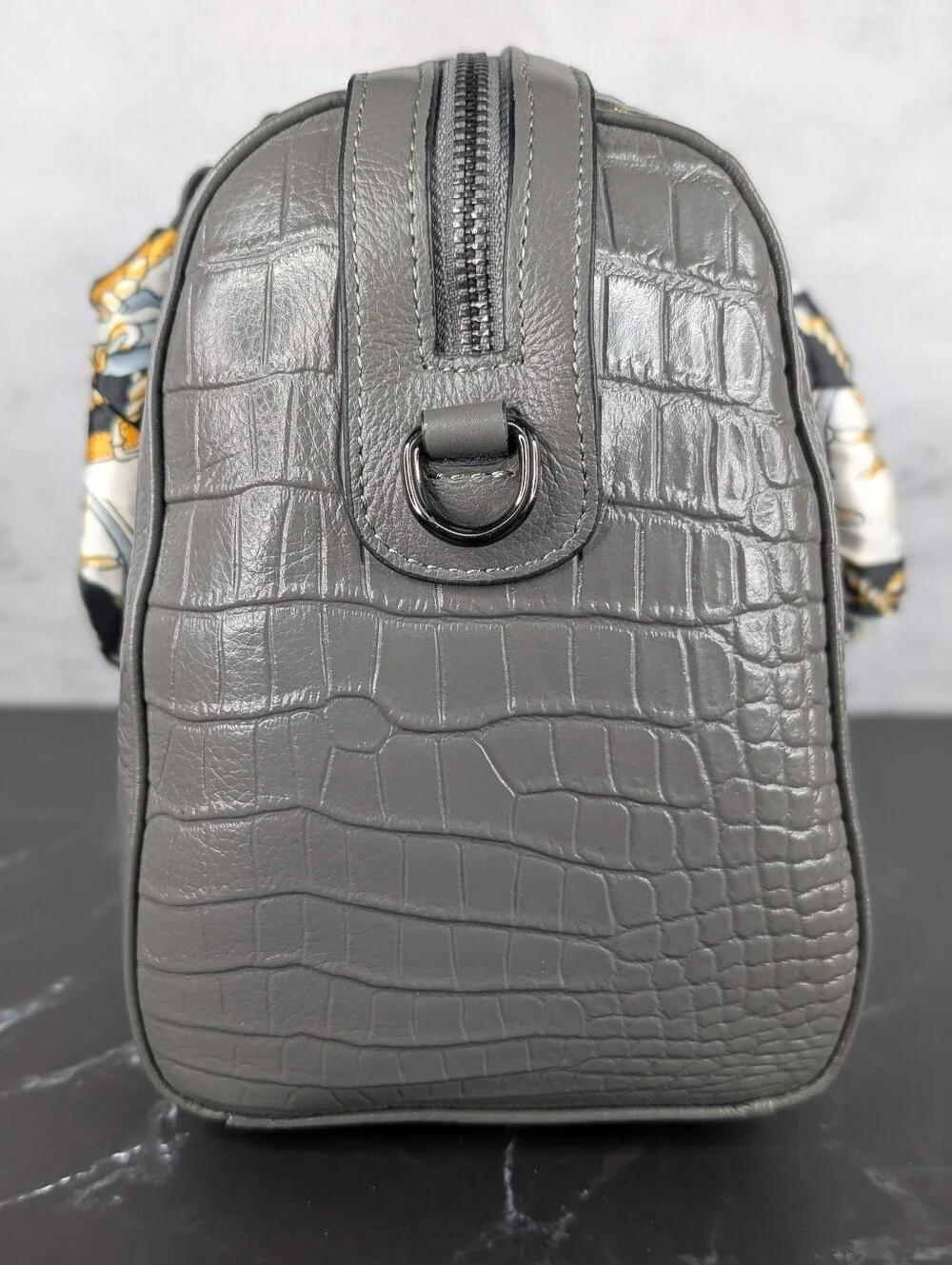 Gray Croc-Embossed Leather Satchel Bag with Scarf-Wrapped Handles NWOT